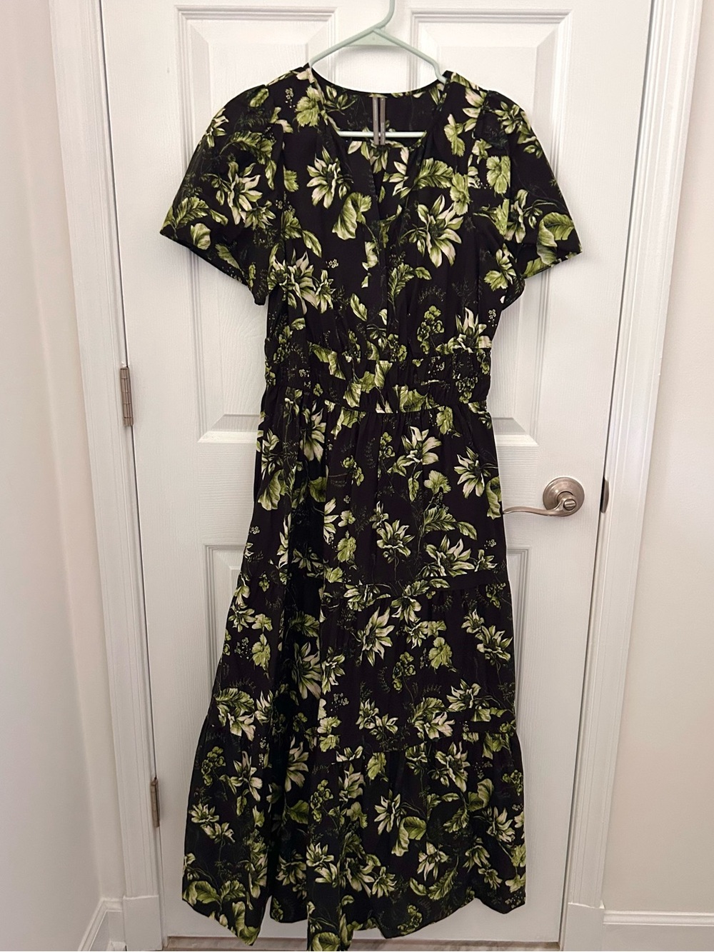 Anthropologie Tiered Maxi Dress with Green Floral Print